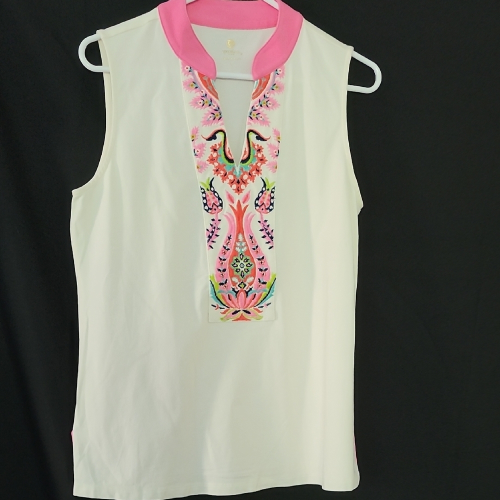 # Spartina 449 Off-white Sleeveless Top with Pink Trim & Multicolor Embroidery